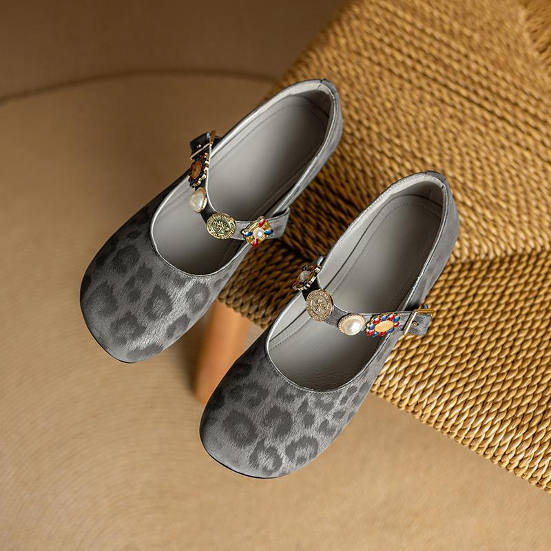 Krazing Pot Stain Sheep Skin Summer Size 40 Mary Janes Low Heels Gray Color Leopard Prints Round Toe Elegant Shallow Pumps