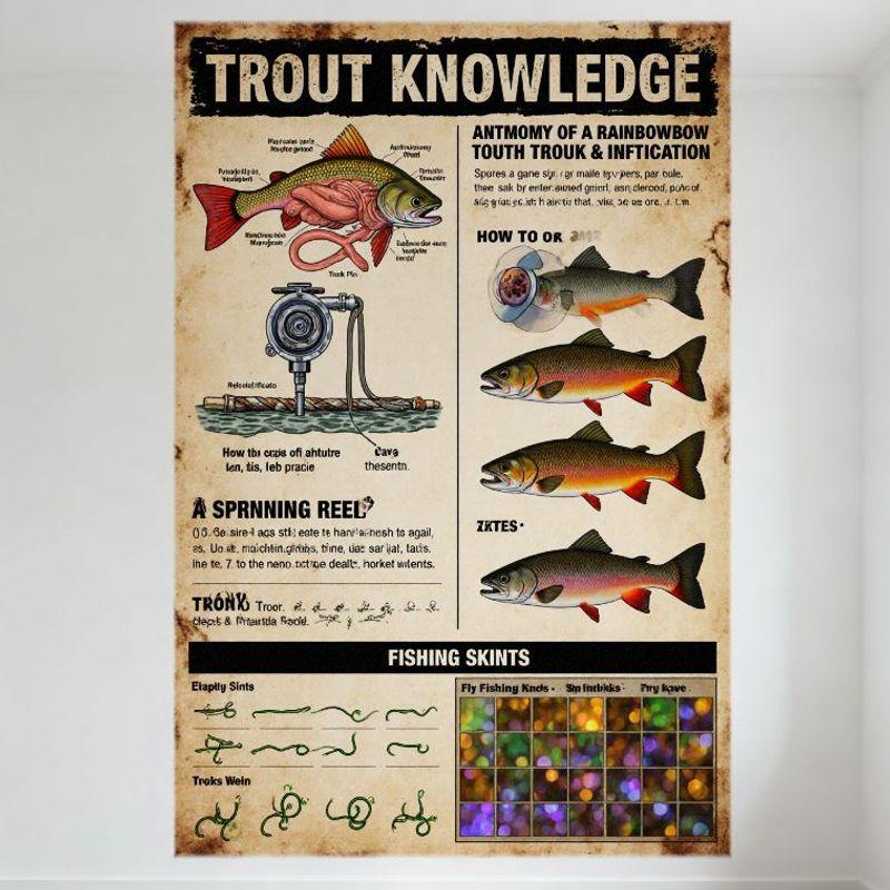 Vintage Trout Knowledge Educational Poster, Anatomy of Rainbow Trout & Fishing Skills Metal Tin Sign for Man Cave Bar Home Decor