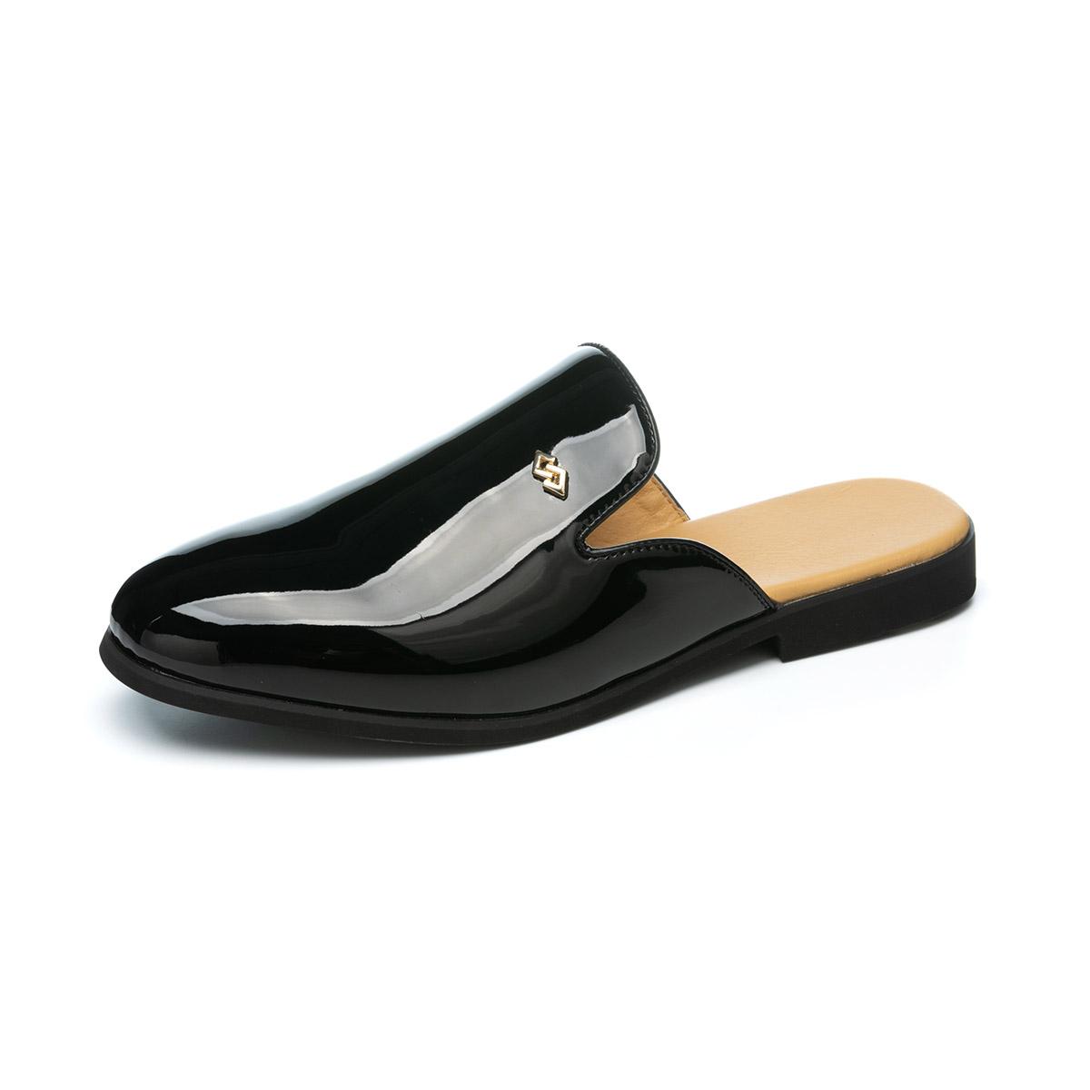 

New Arrivals Men s Black White Pattern Leather Half Slippers Shoes Male Casual Mules Moccasins Breathable Loafers 38