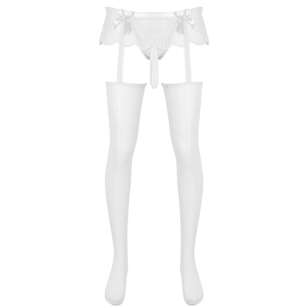 Pánské průsvitné krajkové kalhotky se sukýnkou, vykrojené, s vypouklou kapsou, G-string s lesklými podvazky