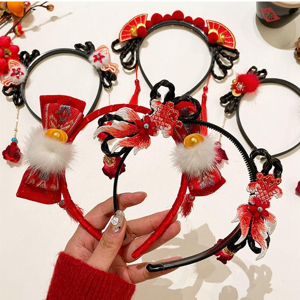 Braid Hair Children Wig Headband Flower Red Bow Hairband Simple Hanfu Hair Sticks  Baby
