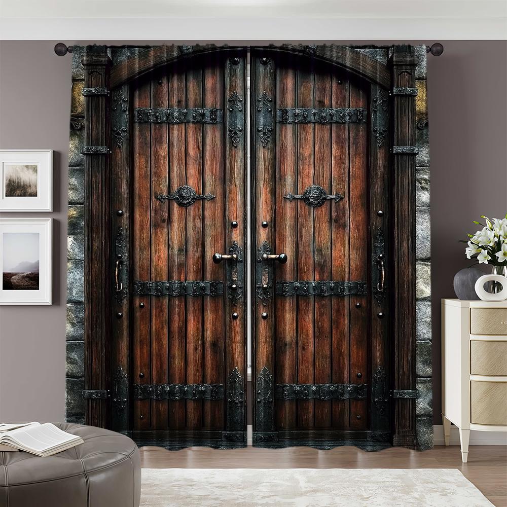 2 Stück   Frühling Sommer Vorhänge Vintage Eisen Holztür Druck Lichtdurchlässige Deko-Vorhänge Vielseitiger Stoff Dekorationen Innen