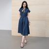 SanCai 100% Cotton Tie-Waist Denim Midi Dress