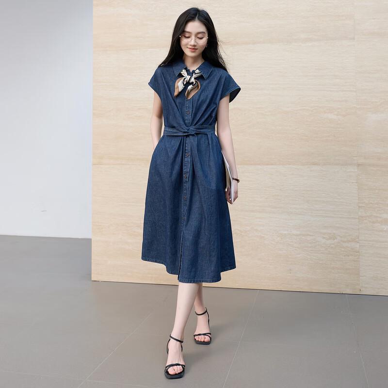 SanCai 100% Cotton Tie-Waist Denim Midi Dress