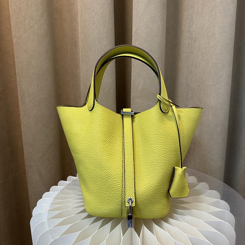 First Layer Cowhide Niche Handbag High Version Vegetable Basket Bag Genuine Leather Large Capacity High-end Sense Exquisite Bucket Bag