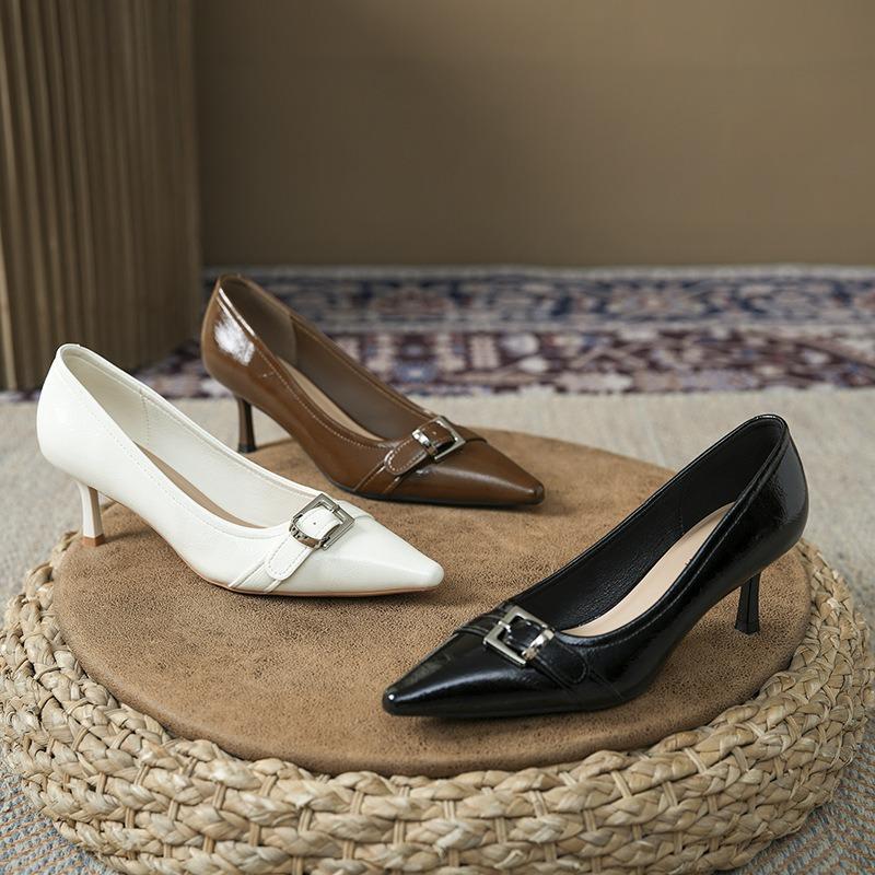 Versatile designer retro temperament belt buckle high heels women's pointed stiletto single shoes spring