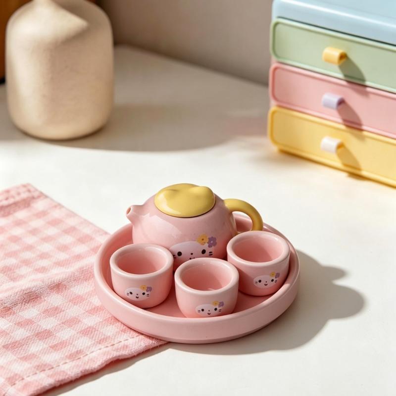 Cute Light Blue Elephant Ceramic Tea Set With 3 Small Cups Serving Tray Perfect For Afternoon Tea Kids Gift Home Decoration