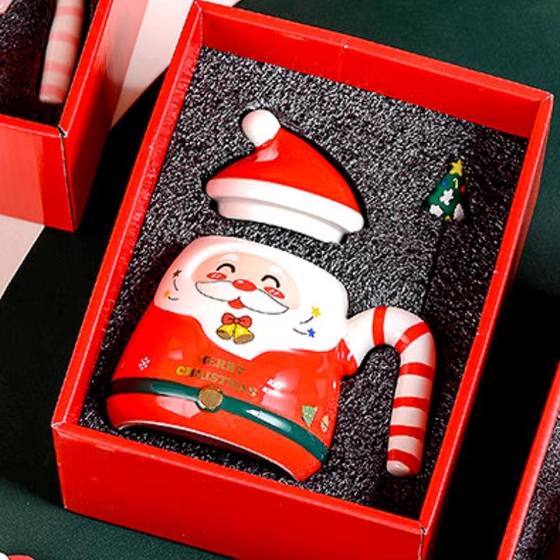 Christmas Gift Selection Cartoon Santa Mug, Ceramic Mug with Lid & Spoon, Gift Box Packaging, Create a Warm Christmas Atmosphere 301-400ml