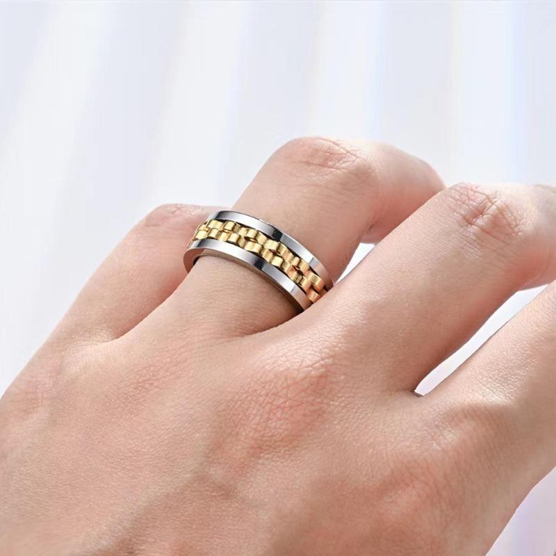 Anti Stress Stainless Steel Ring For Men Gear Chain Rotating Anxiety Relief Spinning Fidget Rings Punk Jewelry Stress Relief Toy