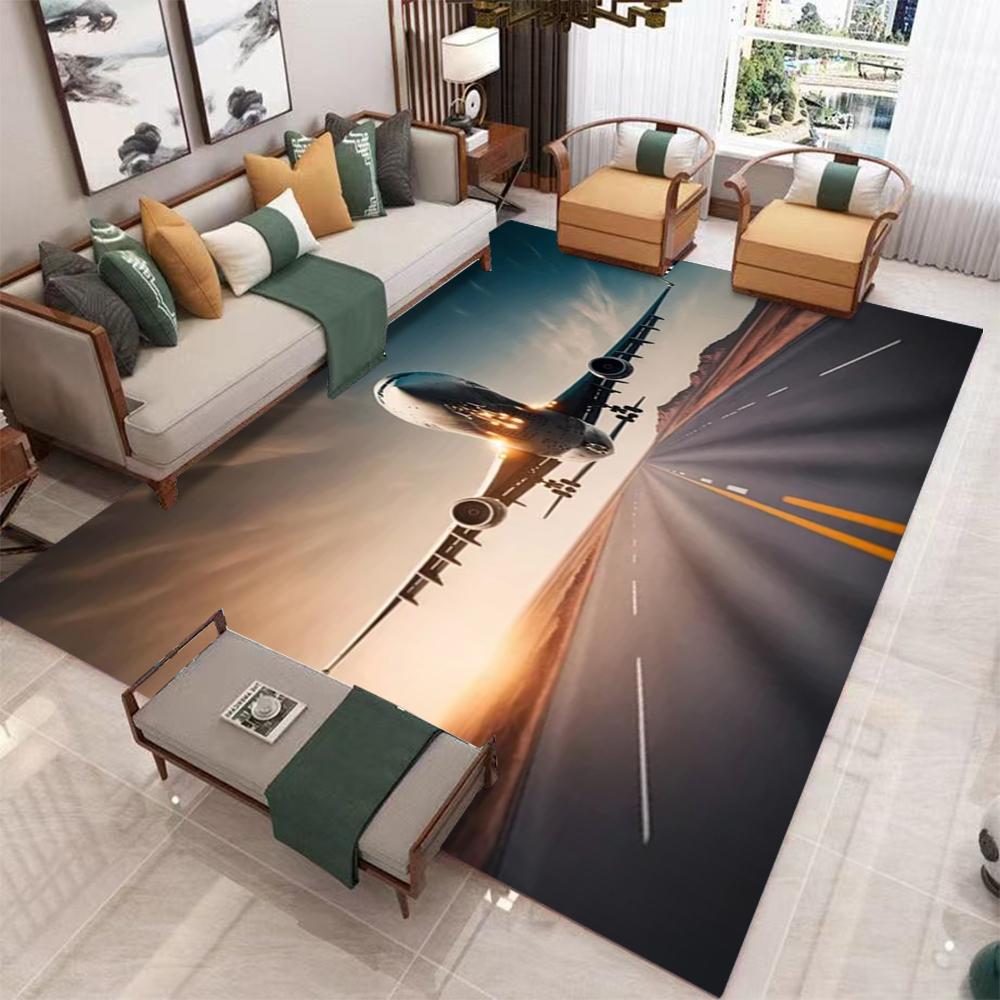 Large Airplane Taxiing on Runway Carpet with Orange Yellow Sky Living Room Area Rug Match Light Gray  Home Decoration Ma