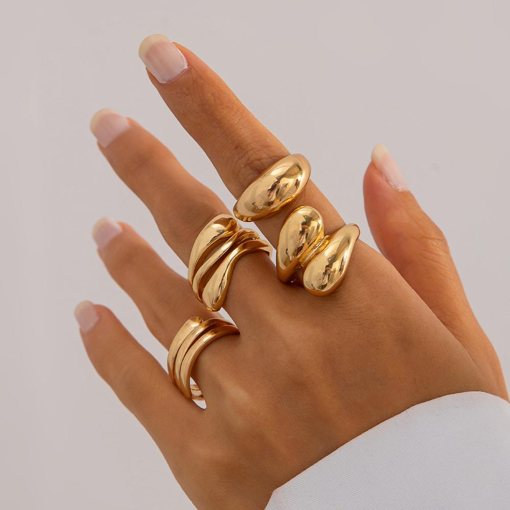 

3Pcs/Set Baroque Pearl Open Ring for Women Vintage Irregular Waves Metal Folds Thick Chunky Gold Copper Color Ring Zircon Gifts