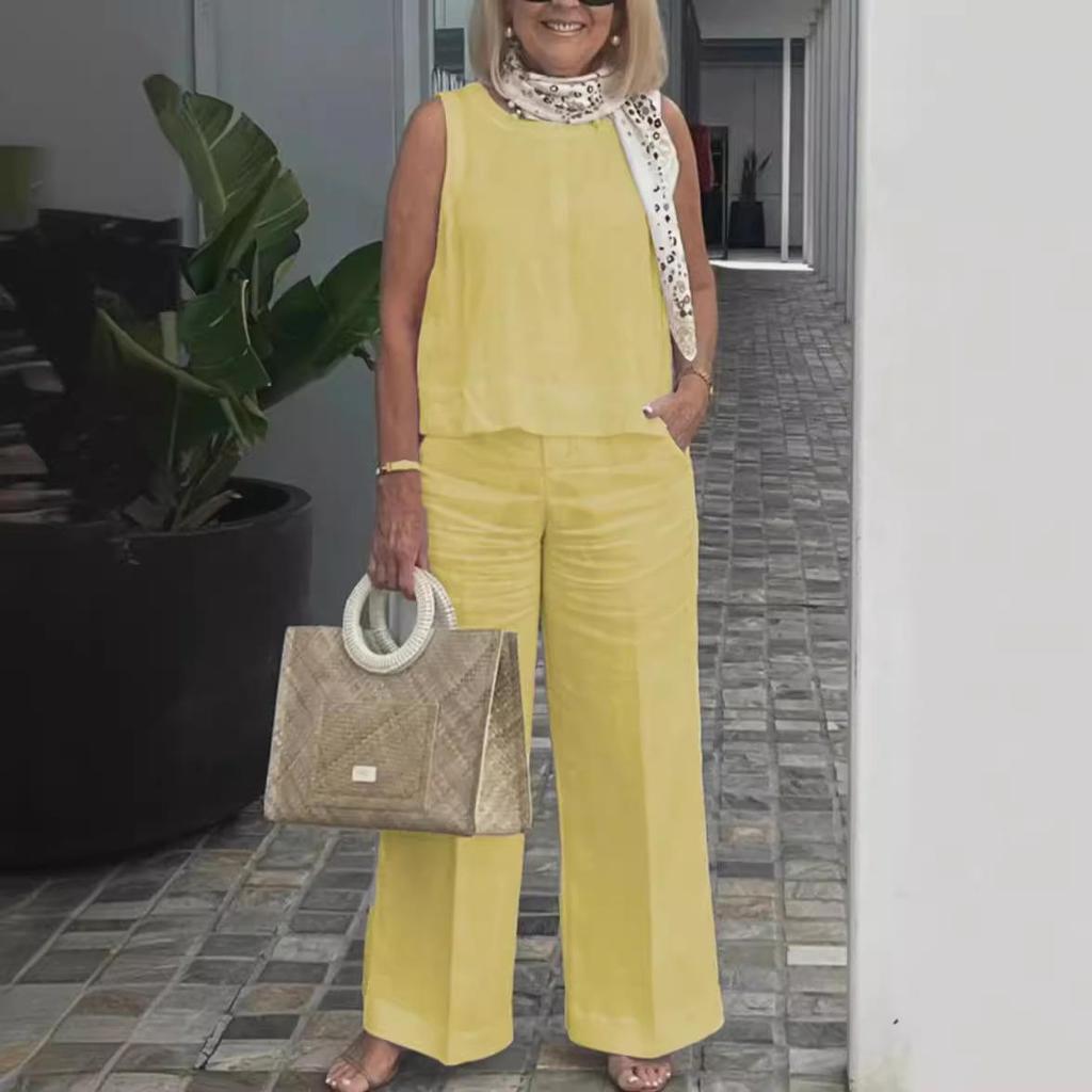 Women's Summer Casual Sleeveless Round Neck Top and Wide Leg Pants Set In Multiple Colors