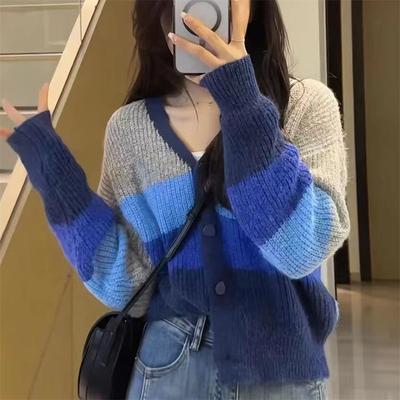 Spring Autumn V-neck Cardigan Women's Color Block Lazy Style Loose Soft Striped Comfortable Versatile Knitted Sweater