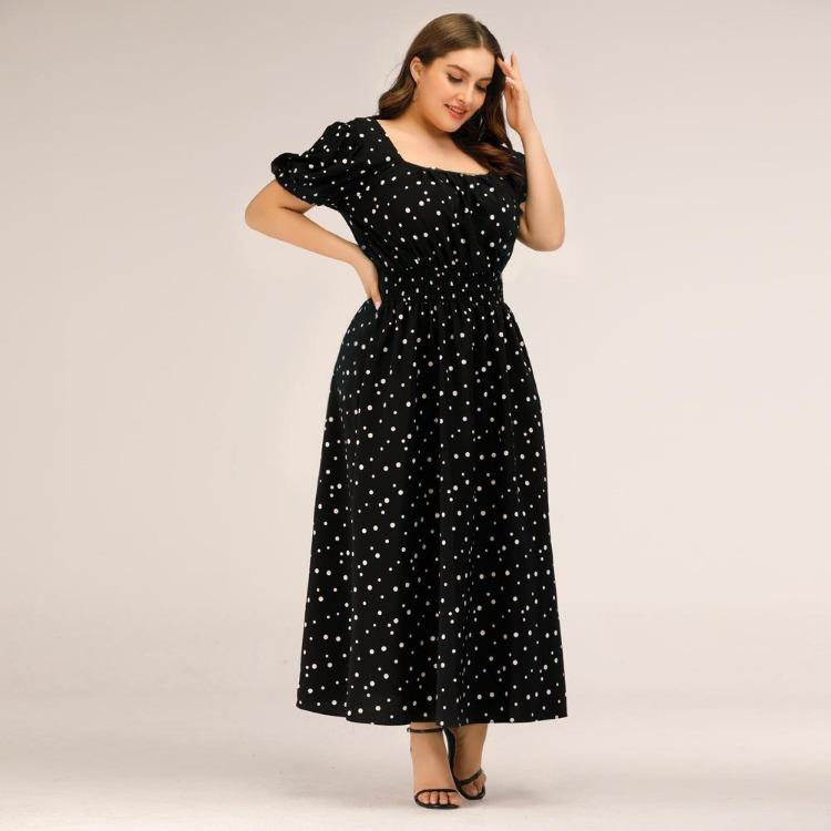 Women Plus Size Summer Dress Long A Line High Waist Square Collar Bubble Sleeves Dot Print XL 4XL