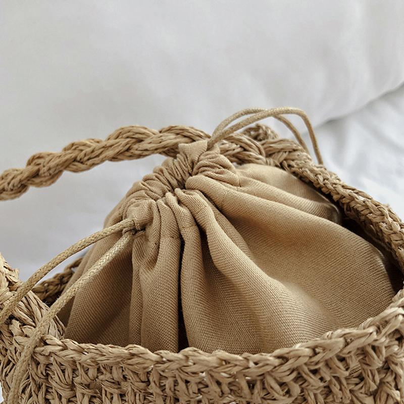 Letní ručně vyráběná crossbody kabelka pro ženy, plážová taška přes rameno se stahovací šňůrkou ze slámy