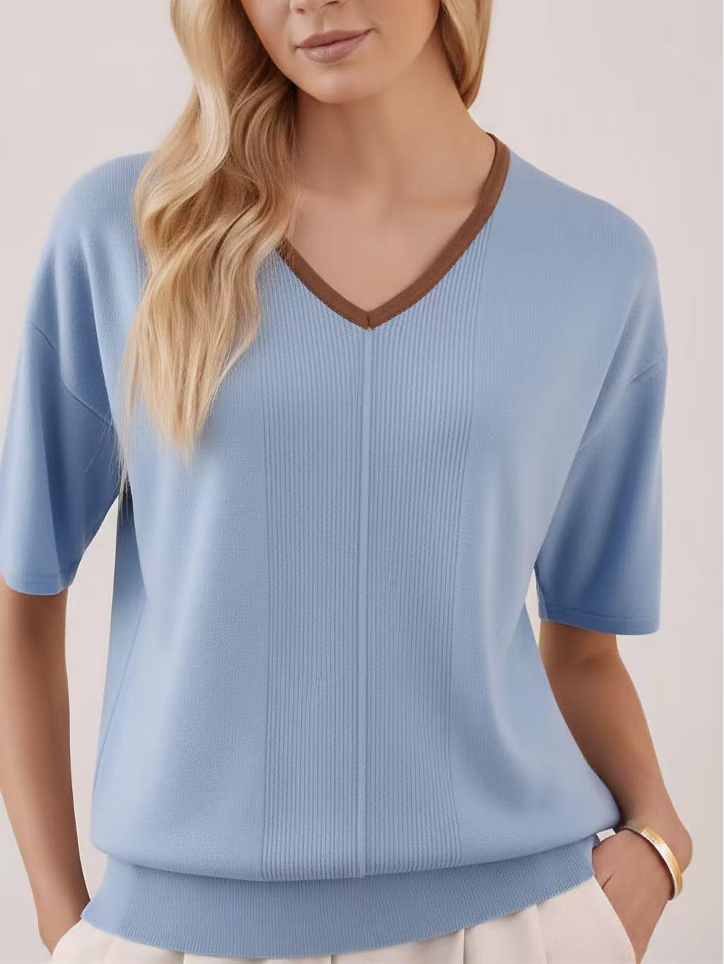 V-Neck Short-Sleeve Plus-Size Women s Loose Knit T-Shirt One Size небесно-голубой