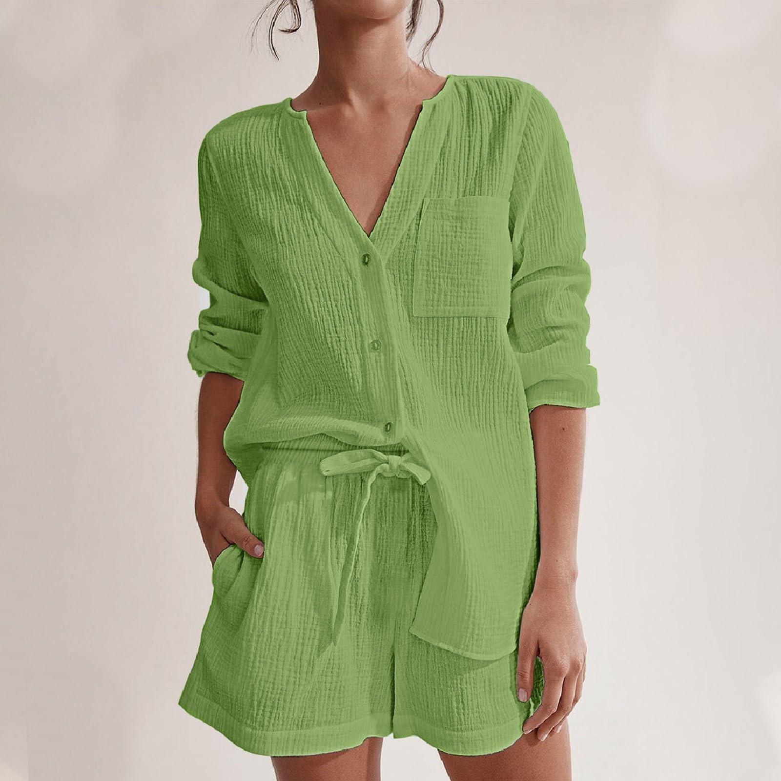 

Комплекты из двух вещей для женщин, повседневные свободные рубашки с длинным рукавом и шорты на кулиске с высокой посадкой, спортивный костюм, осенние наряды S зелёный