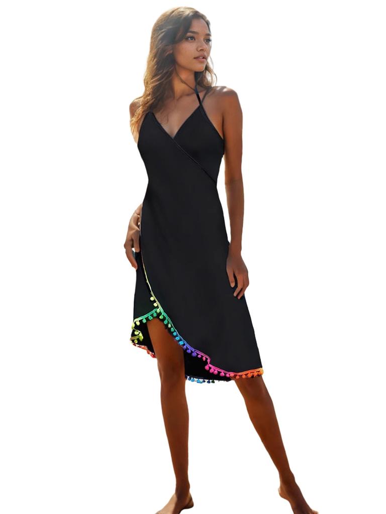Women Backless Colorful Ball Fringed Beach Dress Bikini Cover-up Dress