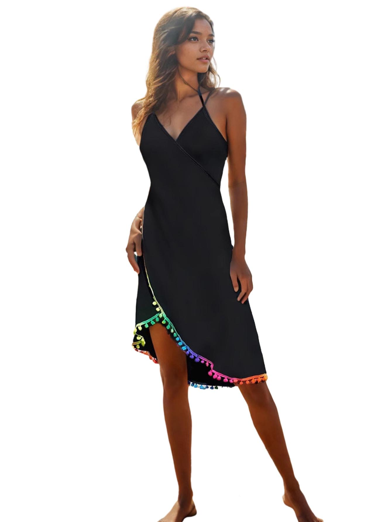 Женское цветное пляжное платье с бахромой на спине M