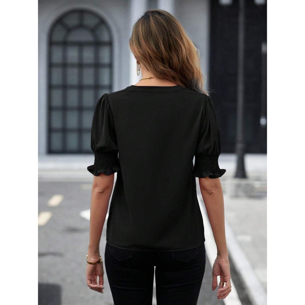 Summer new V-neck temperament bubble sleeves solid color casual women's T-shirt top