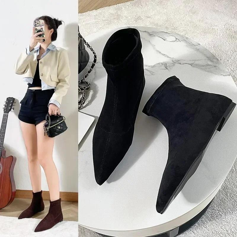 Women Pointed Toe Heels Shoes Sexy Designer Gladiator Short Boots Low Heels Mid Calf Rubber Sole Women's Botines Para Mujeres