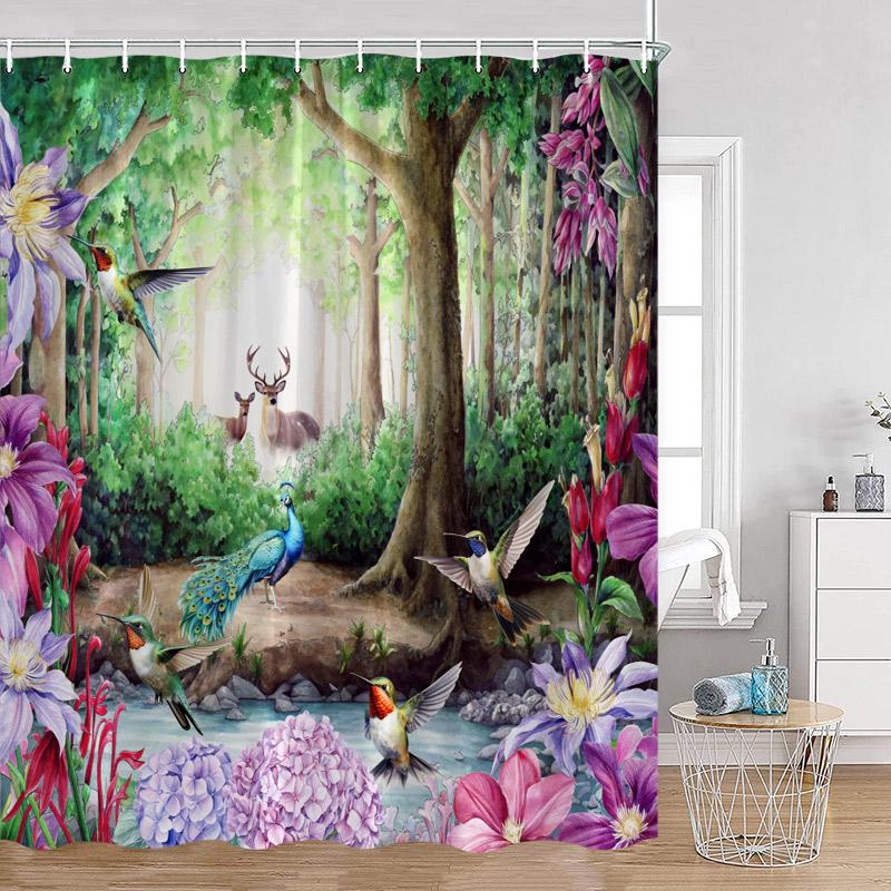 

Forest Elk Shower Curtain Butterfly Hummingbird Animal Floral Plant Fantasy Jungle Scenery Polyester Bathroom Decor Bath Curtain W60H190(CM)-1 Pcs