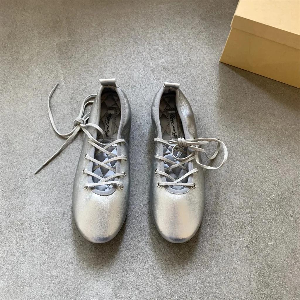 Spring 2025 Women's Ballet Flats Soft Low Heel Flat Shoes Casual Versatile Comfortable Round Toe Leather Shoes
