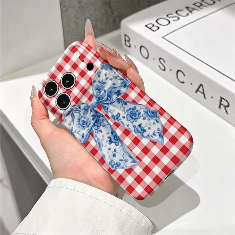 Classic Red Gingham Blue Floral Motif Bow Art Graphic Film Aesthetic Protective Shockproof Bumper Phone Case Cover For iPhone 14 15 16 Pro Max Plus