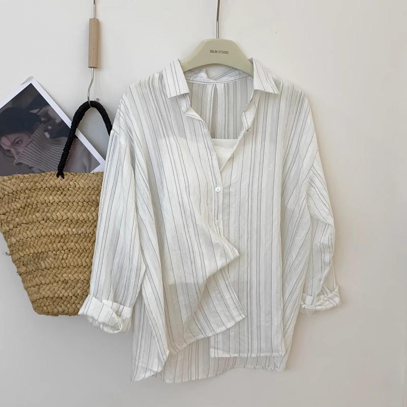 

Women s White Striped Slimming Korean Style Sun Protection Shirt - Spring 2026 Trend Double Extra Large