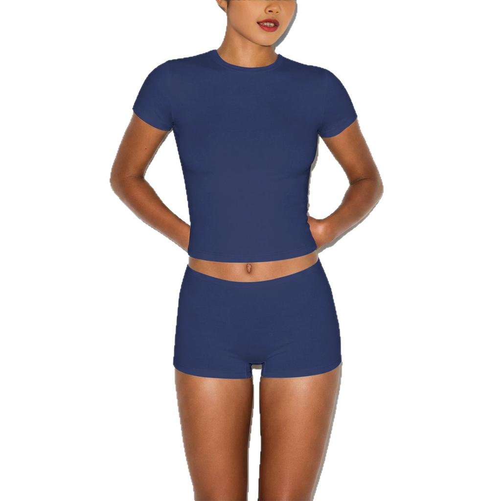 Cross-border new sports and leisure short-sleeved suit, European and American Spice Girls slim-fit elastic tight round neck front shoulder T-shirt top