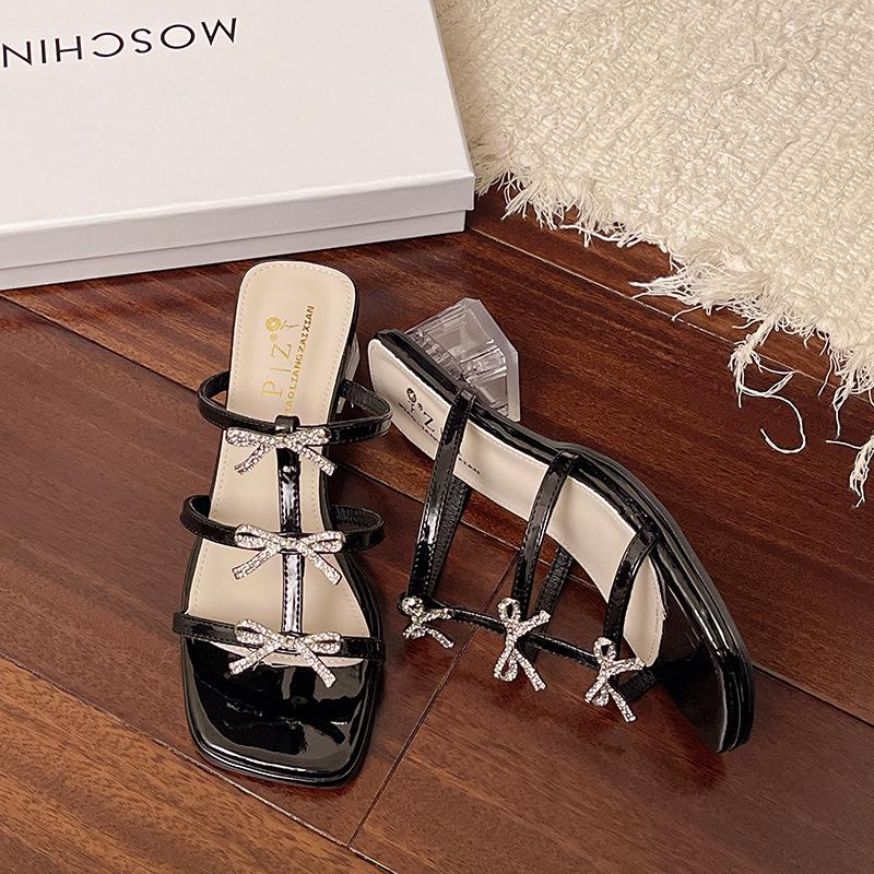 Bow rhinestone Roman sandals women's 2025 summer new French thick heel with skirt high heels temperament shoes women