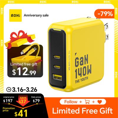 AOHI Youth Cargador GaN de 140W PD3.1 3 Puertos Tipo C Carga Rápida Para Macbook Pro Portátil Cargador Rápido USB Para iPhone 16 Xiaomi Tablet