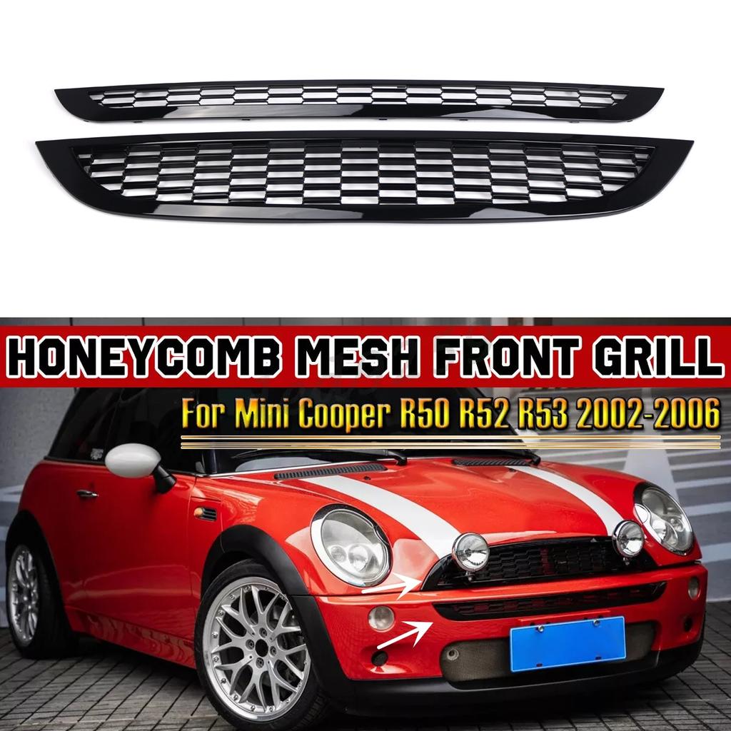 For MINI One R50 R52 R53 2002-2006 2pcs Front Bumper Upper Lower Grille Cover Glossy Black Honeycomb Mesh Grill Guard Cover