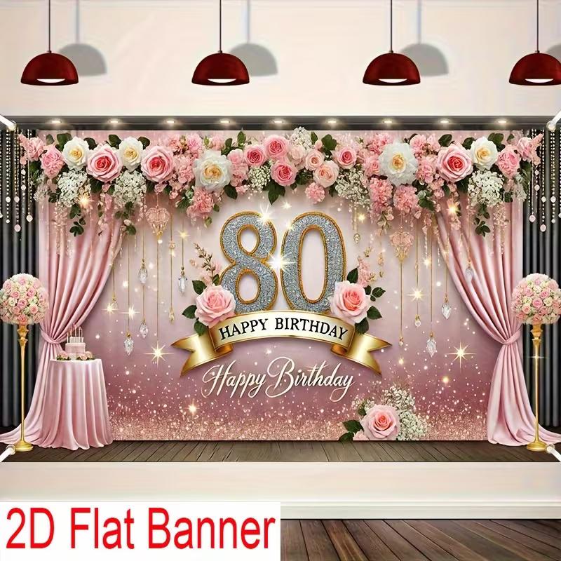

2D Elegant Pink Gold 80th Birthday Backdrop, Floral Curtain Theme Party Background Banner for Women Birthday 47.2x31.5inch/120*80cm