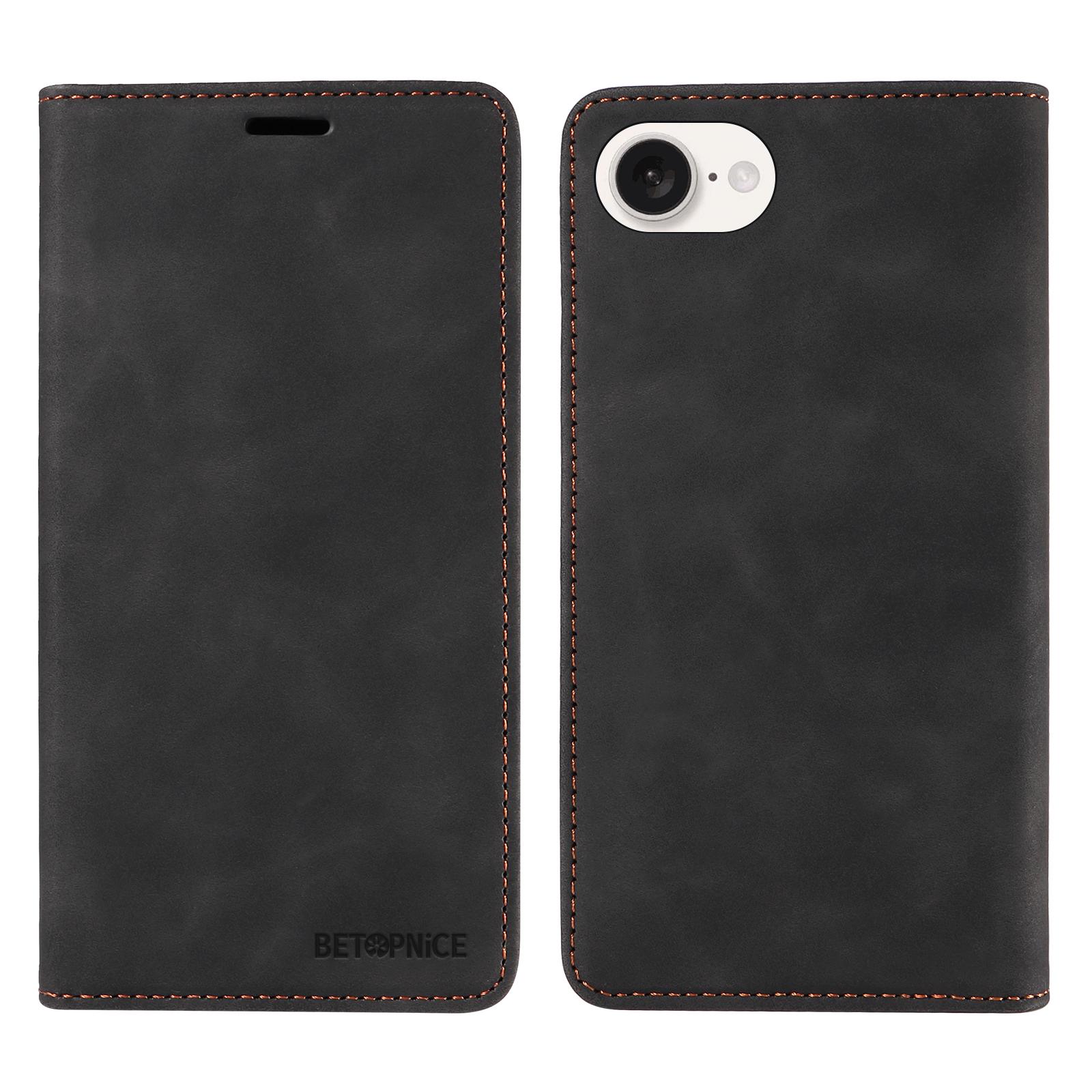 

BETOPNICE 003 For iPhone 16e Wallet Case RFID Blocking Leather+TPU Shockproof Phone Shell Black