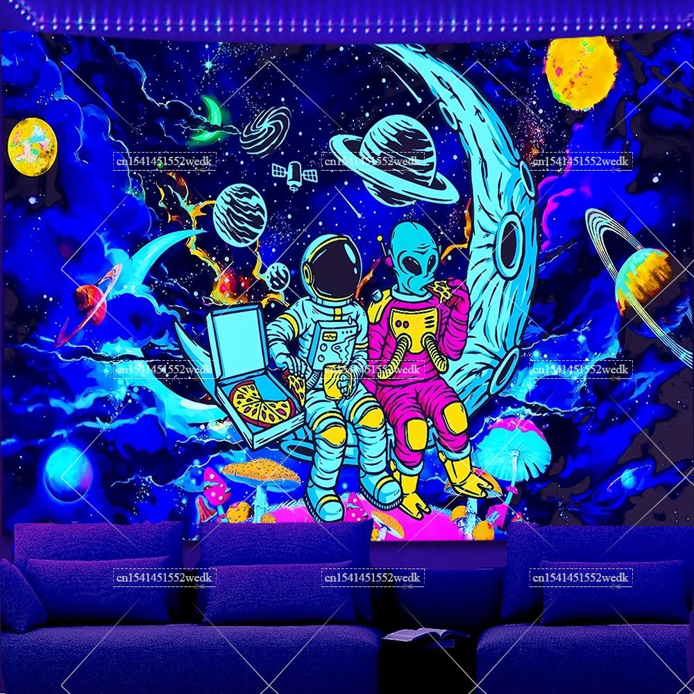 Space Astronaut Alien Blacklight Tapestry UV Reactive Trippy Mushroom Galaxy Glow In The Dark Tapestrys Aesthetic Neon Backdrops