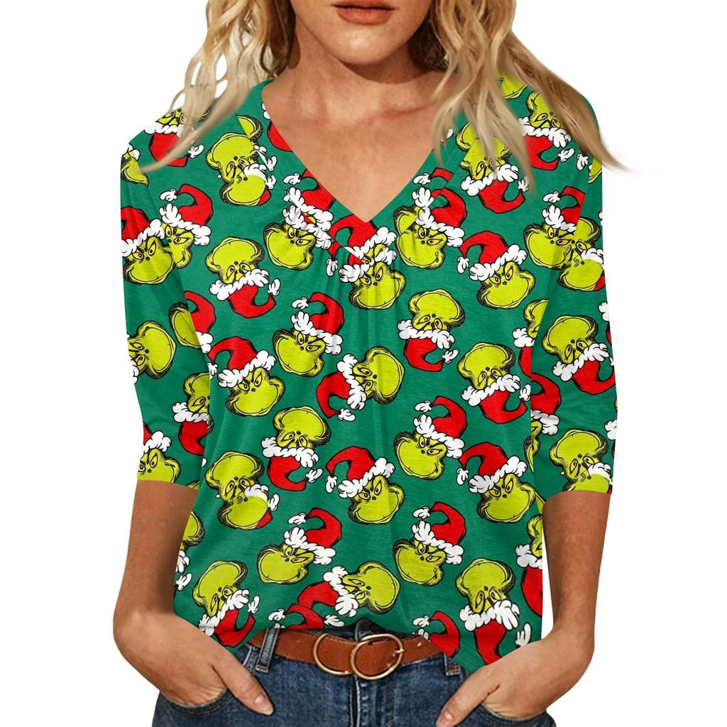 Women's Fashion Casual V-Neck Christmas Print 3/4 Sleeve Top for Holiday Party and Daily Wear