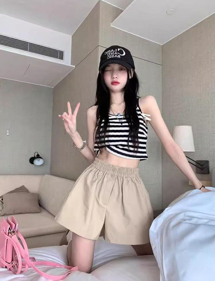 Women's Summer Washed Cotton Wide-Leg High Waist Shorts, Korean Style, Slimming, Solid Color, Versatile, Casual.