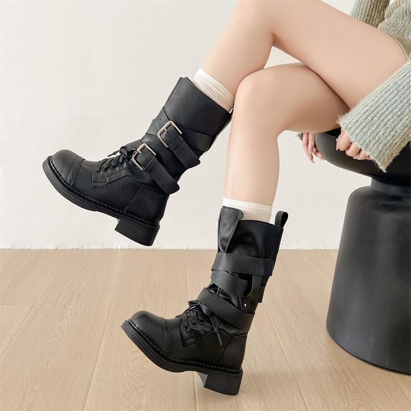 2025 new round head thick heel medium boots with skirt niche design belt buckle versatile fashion knight boots women