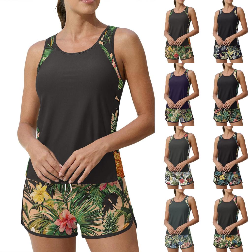 Women’s Two Piece Tankini Swimsuit Set with Tropical Print Sleeveless Top and Shorts Lightweight Quick Dry Fabric