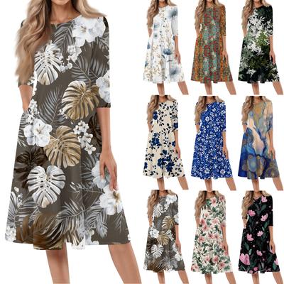 Women's Casual Fashion Round Neck Three Quarter Sleeve Printed Midi Dress
