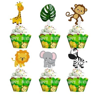 Envoltório de cupcake para feliz aniversário, decoração de festa na selva, safari, leão, macaco, girafa, animal, topper de bolo, lembranças para meninos