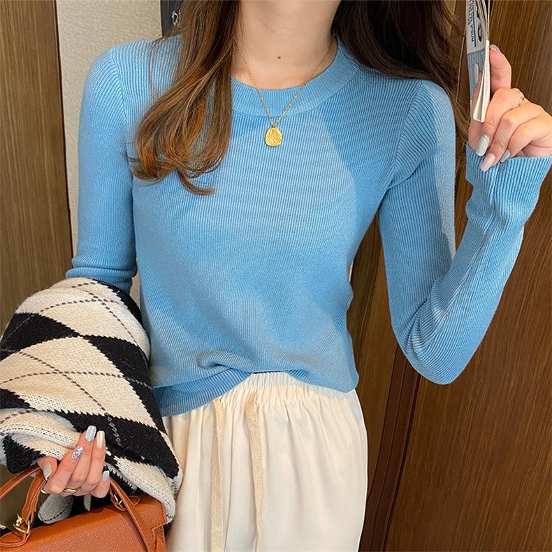 Autumn and winter new solid color soft waxy round neck knitted bottoming shirt female slim slim slim pullover sweater with top