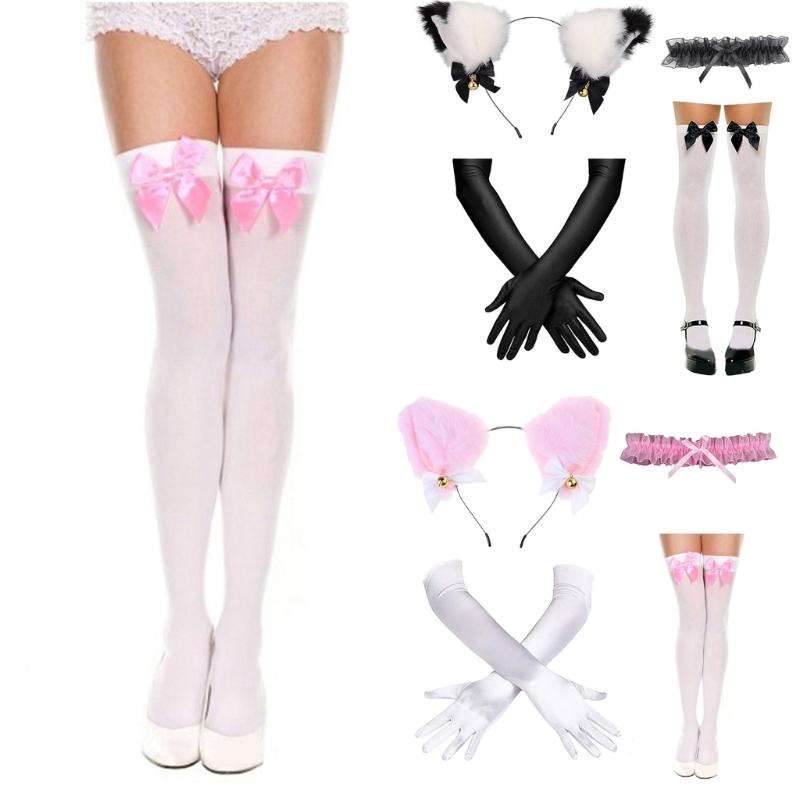 Catgirl Costume Accessories Cats Ear Headband Lace Collar Necklace Gloves and Knee High Sock for Women Girl Cosplay
