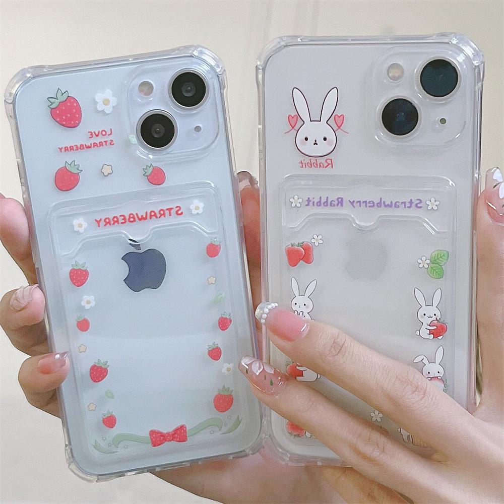 Strawberry Bunny Card Slot Mobile Phone Case - Compatible with iPhone 11 Pro, XR, XS Max.