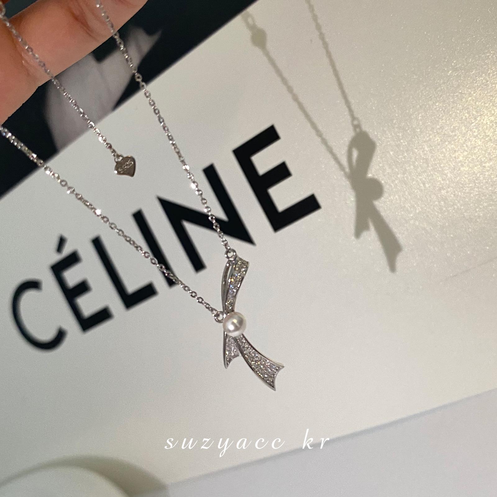 Korean Pearl 925 Sterling Silver Bow Necklace | Hip Hop Style for Women | Niche Design Clavicle Chain 2021 925 Silver
