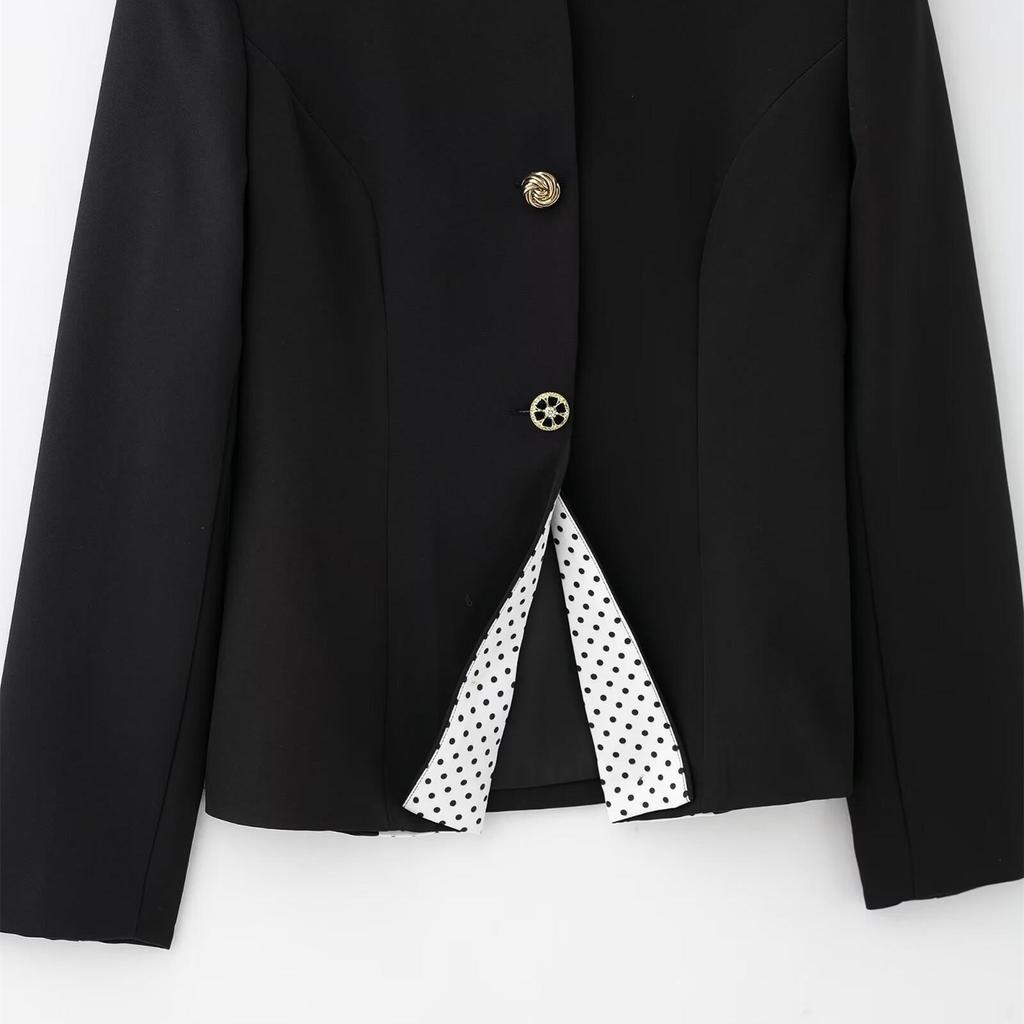 2025 Women's Slim Fit Round Neck Short Coat & Polka Dot Patchwork Skirt Set