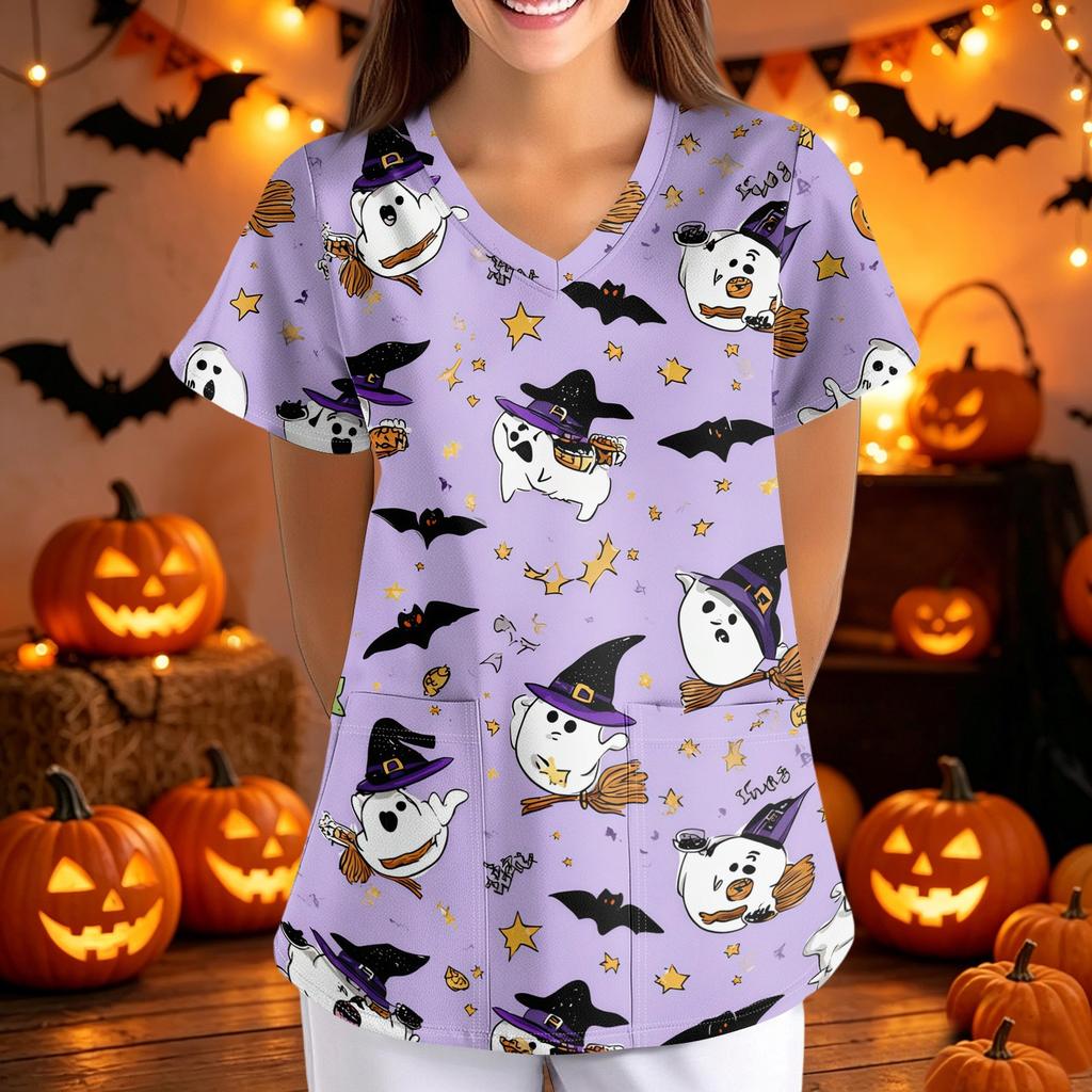 Damen Halloween Print Lockere Passform V-Ausschnitt Tasche Kurze Ärmel Medizinischer Kasack Krankenschwester Uniform Arbeitskleidung