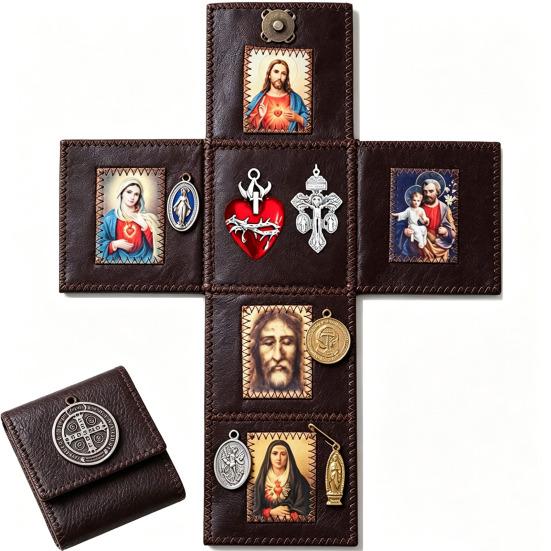 Portable Catholic Altar Altar, Handmade Pocket Prayer Shrine, Faux Leather Spiritual Folding Foldable Devotional Religious Gift for Christian Friends