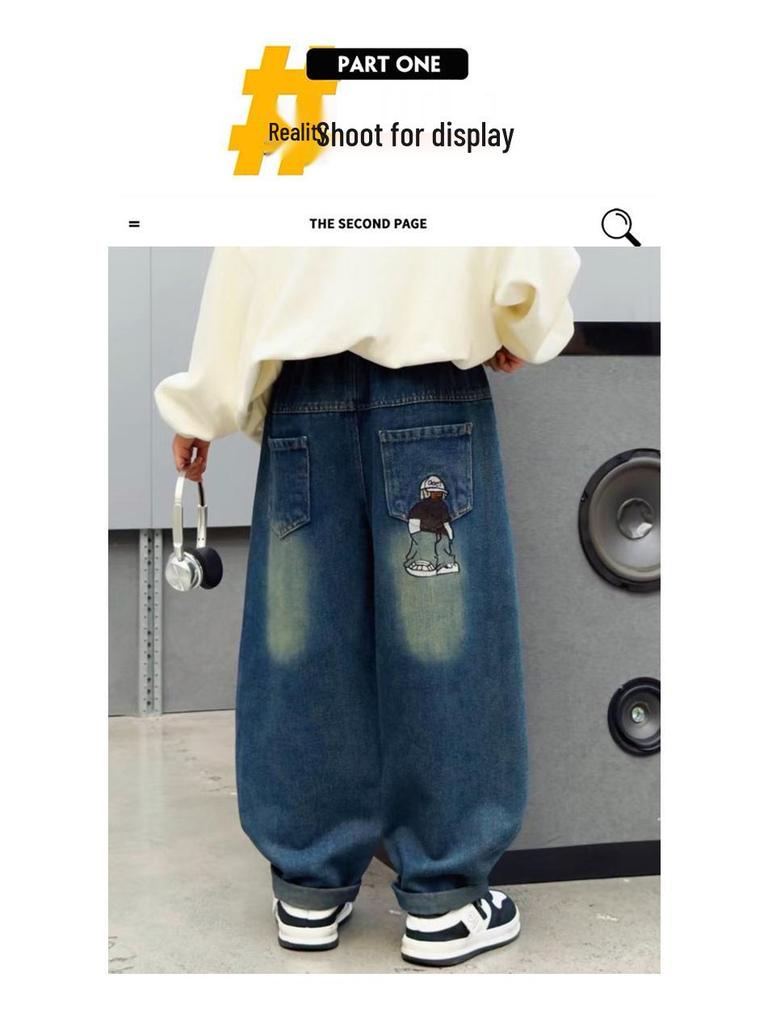 2025 New Boys' Fleece-Lined Straight-Leg Jeans - Warm, Loose, Casual Pants for Medium and Large Children